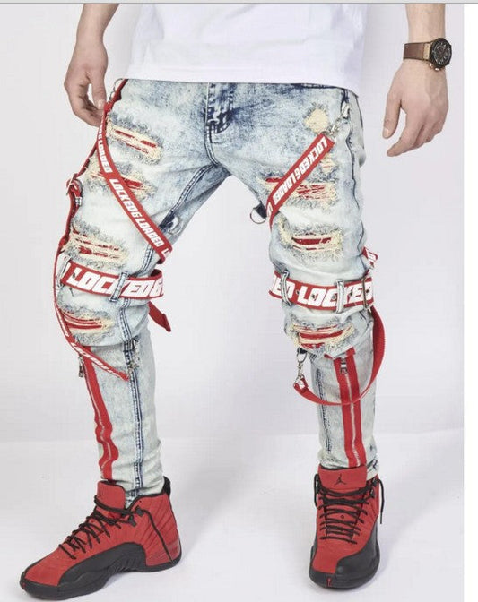 Red Webbing Jeans With Ripped Feet And Zipper Slim Fit Men's Clothing Glamour Gale