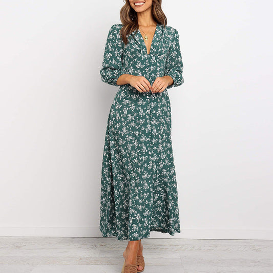 Printed V-neck long sleeve chiffon dress Glamour Gale