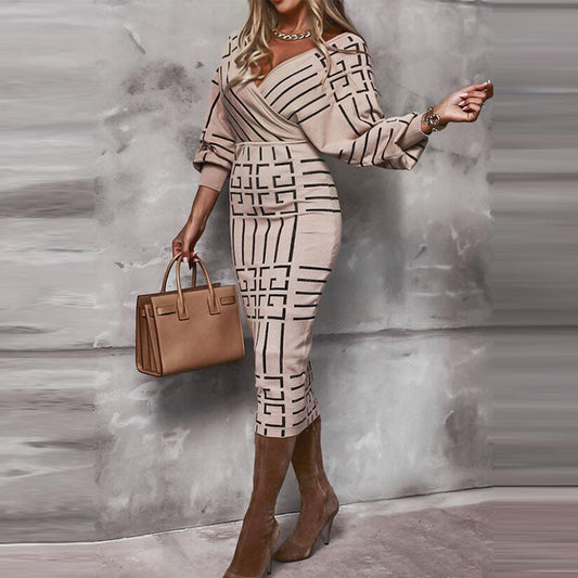 Midi Dress Deruilady Vintage Women Elegant Spring Long-Sleeve Ladies Se Xy Slim Striped Glamour Gale