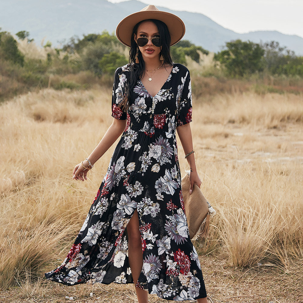 New Summer Sexy Printed Dress With Waist And Slim Glamour Gale