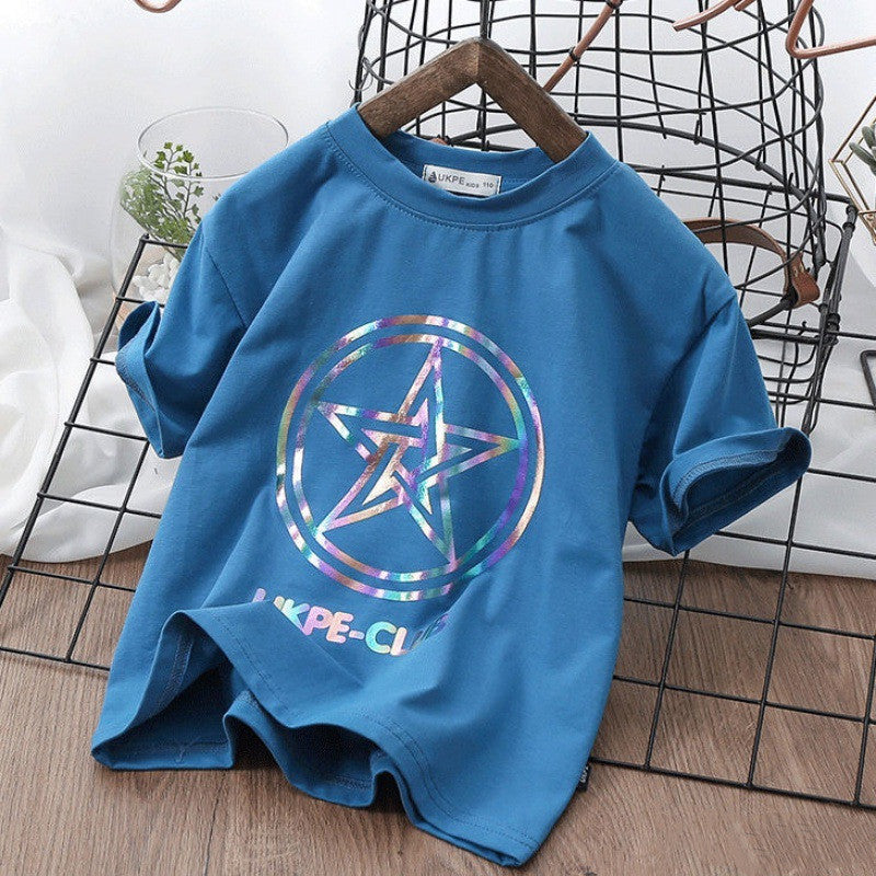 Boys\' Short Sleeve T-shirt Net Red Laser Reflective Cub Children\'s Top Fashion