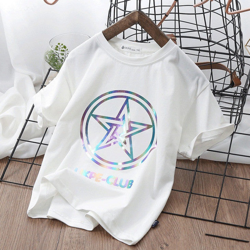 Boys\' Short Sleeve T-shirt Net Red Laser Reflective Cub Children\'s Top Fashion