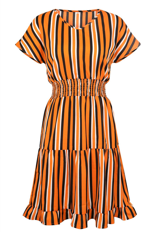 Multi-section stitching striped ruffle dress Glamour Gale
