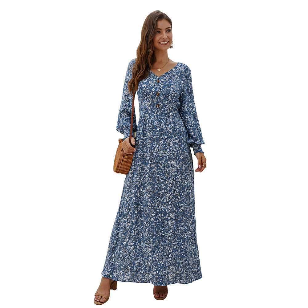 Ladies V-neck Long Sleeve Printed Dress