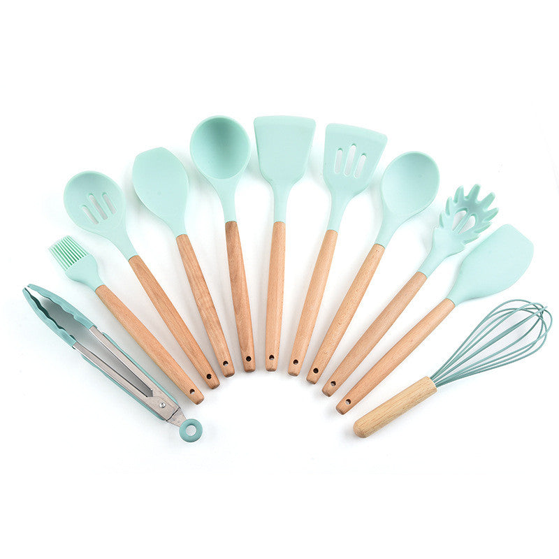 Silicone 11Pcs Kitchen Cooking Utensil Set Non-stick Spatula Heat Resistant Wooden Handle