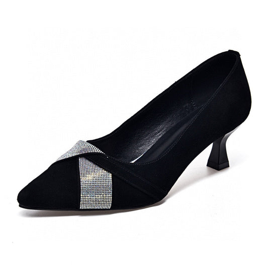 Pointed High Heels Women's Black Sheepskin Rhinestone Glamour Gale