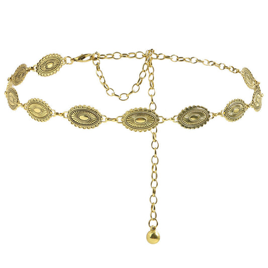 Retro National Style Carved Ancient Gold And Silver Metal Waist Chain Sexy Elegant Women's Dress Senior Sense Decorative Belt Glamour Gale