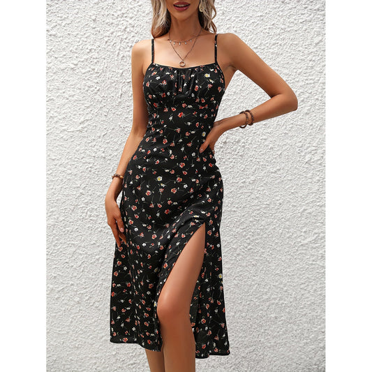 New Polka Dot Print Suspender Dress Summer Sexy Slit Long Dresses For Womens Clothing Glamour Gale