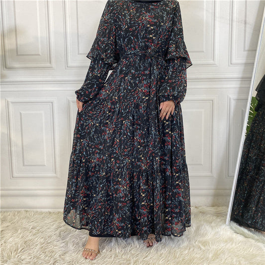 Muslim Long Sleeve Lined Chiffon Printed Lace-up Female Dress Large Swing Dress Glamour Gale