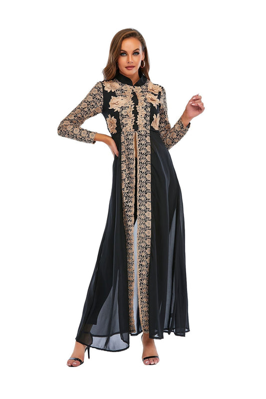 New Chiffon Stand Collar Lace Long Sleeve Dress Pants Set Glamour Gale