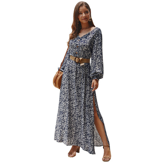 Ladies V-neck Long Sleeve Printed Dress