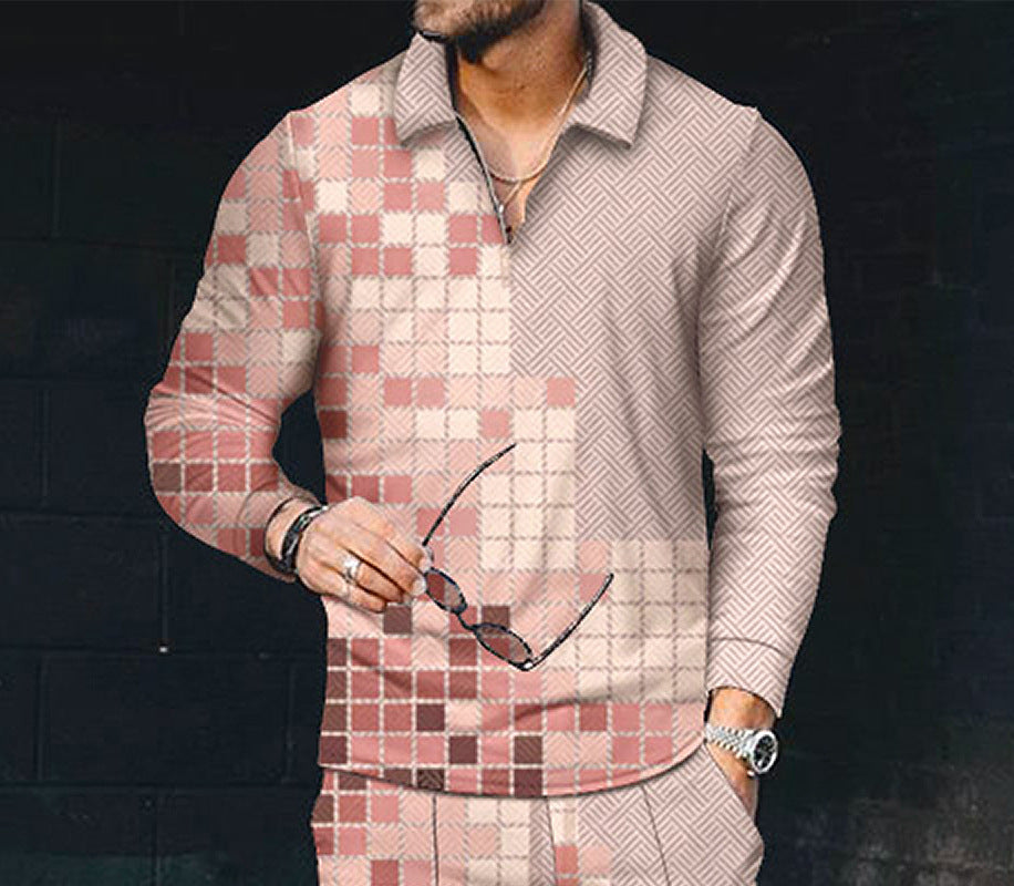 European And American Men's Printing Lapel Long Sleeve
