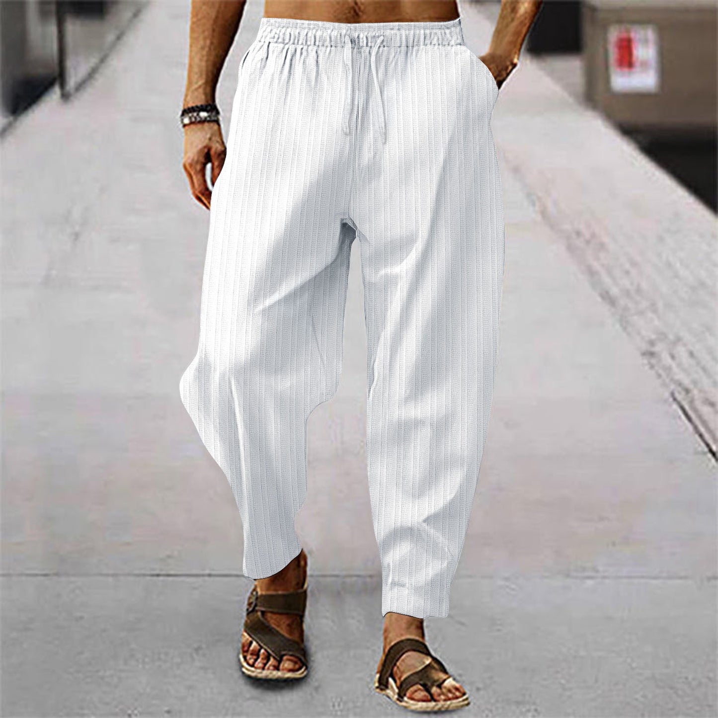 Cotton And Linen Stripes Loose Leisure Sports Trousers