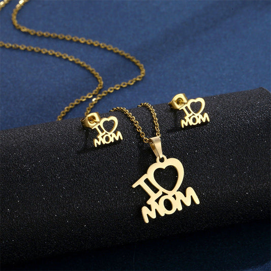 Mother's Day Jewelry Set Stainless Steel I Love Mom Mama Love Heart Pendant Necklace Earrings Thanksgiving Gift Glamour Gale