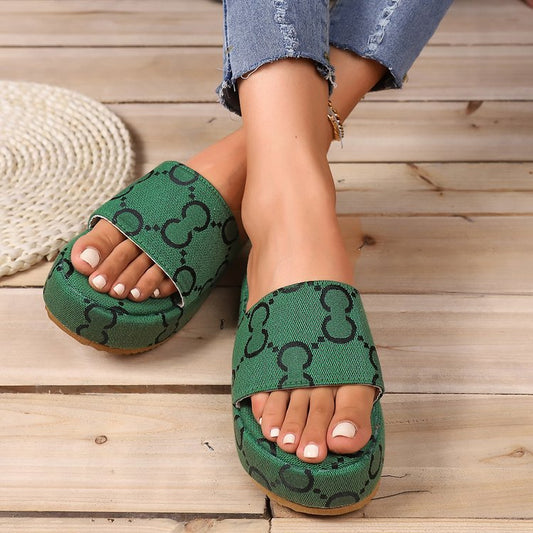 Print Thick-soled Flat Slippers Summer Fashion Casual Outdoor Beach Shoes For Women Glamour Gale