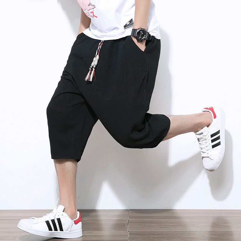 Cropped Linen Casual Solid Color Cotton Linen Harem Pants Loose Men's Pants