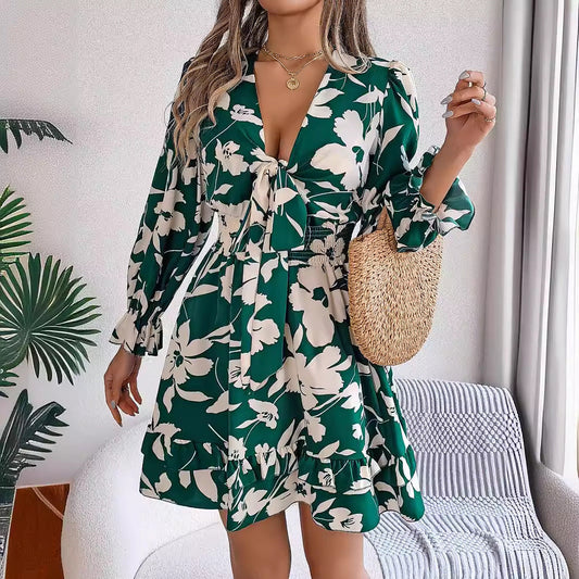 New Floral Printed V-Neck Long Sleeve Dress Fashion Ruffles Bowknot A-Line Short Dress Women's Clothing Glamour Gale