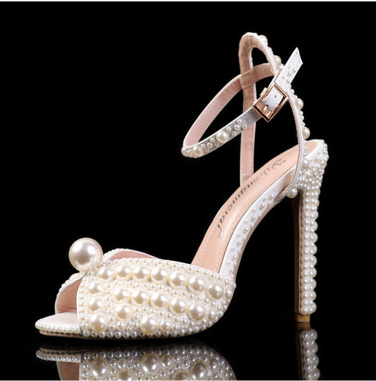 New Peep-toe Shallow Mouth Rhinestone Pearl Woman High-heeled Shoes Glamour Gale