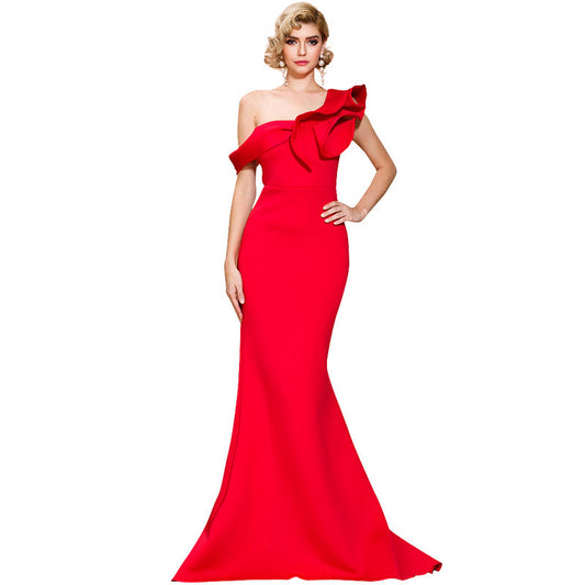 Missord Women Sexy One Shoulder Ruffles Evening Party Dress Solid Color Celebrity Maxi Dress Slash Neck Women Dress FT19938-2 - Glamour Gale
