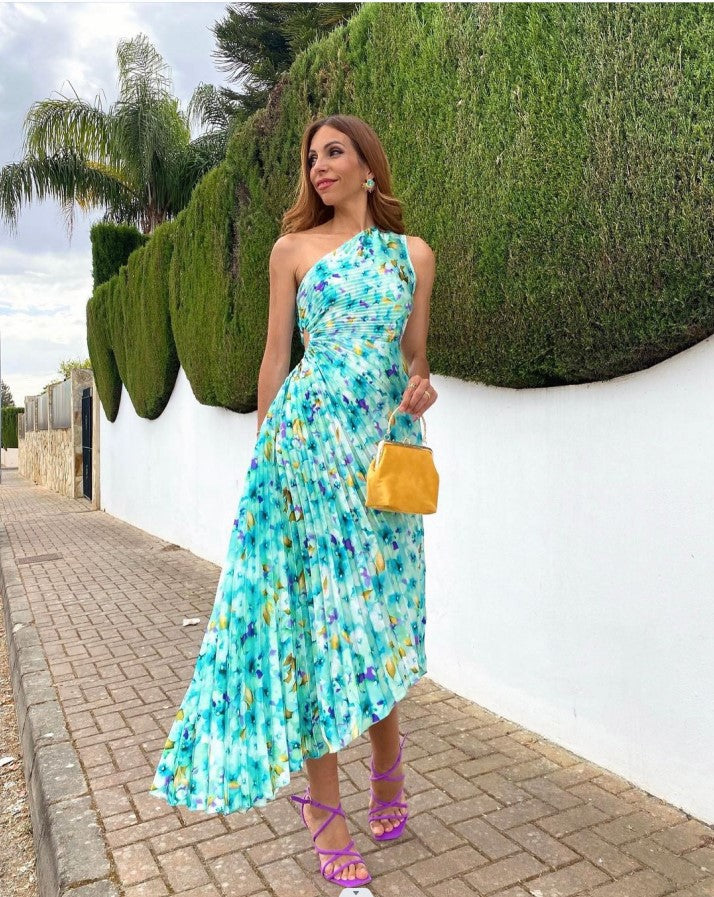 Women's Fashionable One-shoulder Printed Dress