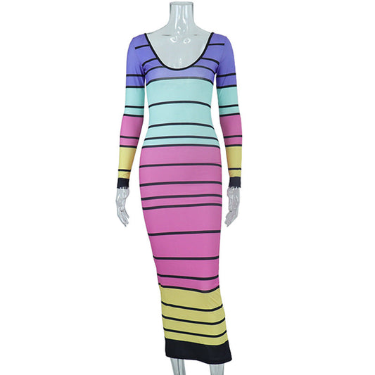 Rib Printed Long Sleeved Lace Up Mid Length Dress Glamour Gale