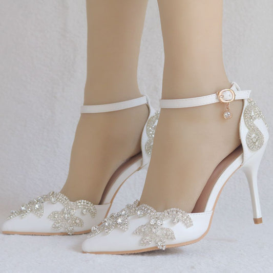 Stiletto Pointed White Tassel Rhinestone Sandals