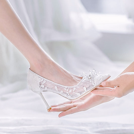 Women's White High Heels Wedding Dress Crystal