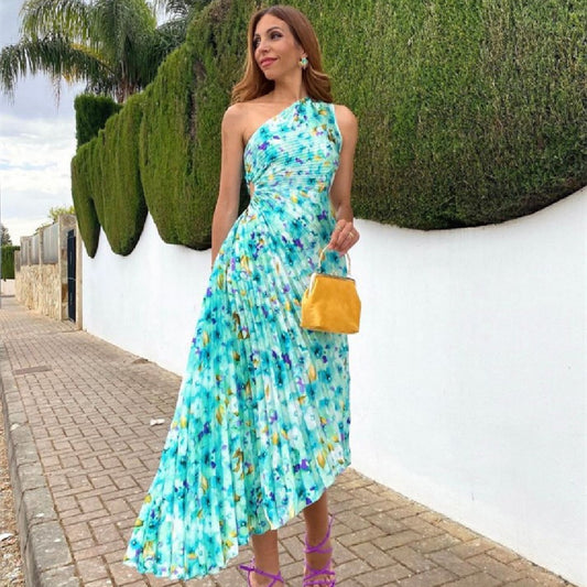 Women's Fashionable One-shoulder Printed Dress