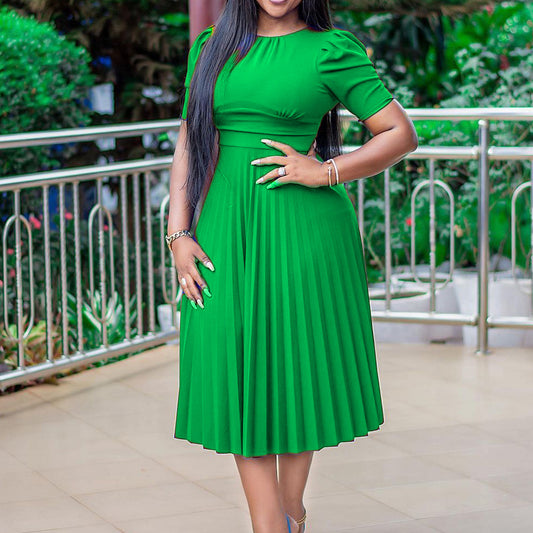 Ladies Short Sleeve Pleated Solid Color Dress