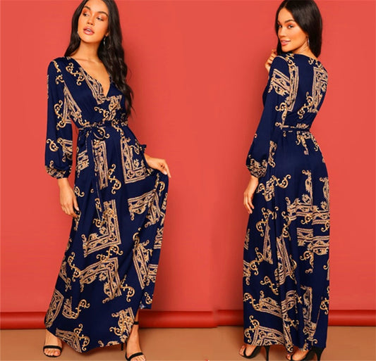 Printed Belt Dress Retro Evening Dress Glamour Gale