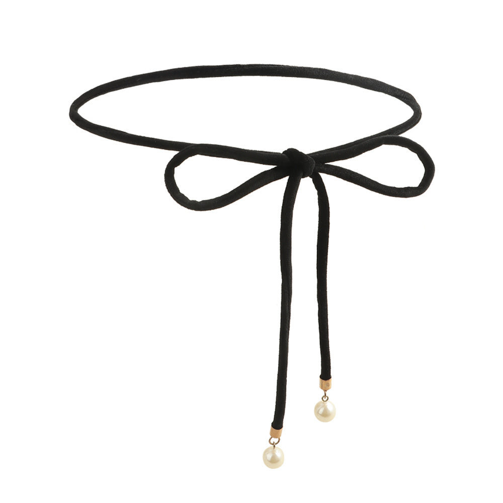 Simple Lady Velvet Bow Thin Waist With Pearl Pendant Multi-color Cute Sweet Waist Belt Chain