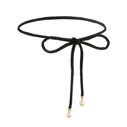Simple Lady Velvet Bow Thin Waist With Pearl Pendant Multi-color Cute Sweet Waist Belt Chain