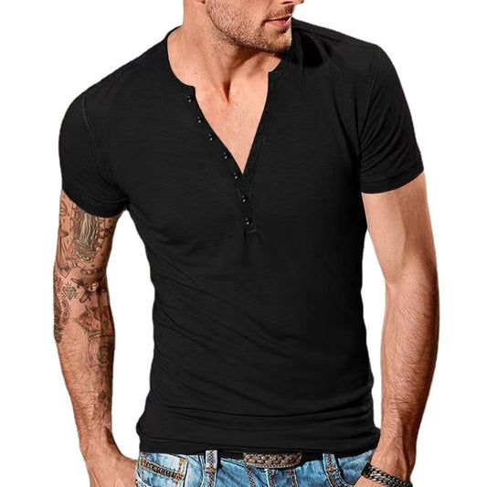 Combed Cotton Men's Casual Henry Round Neck Short Sleeve T-shirt