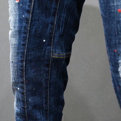 Men's Fashion All-match Ripped Scratched Embroidery Stretch Jeans