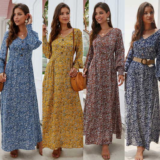 Ladies V-neck Long Sleeve Printed Dress