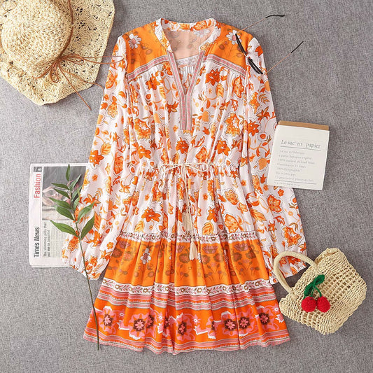 Ethnic floral lace-up dresses