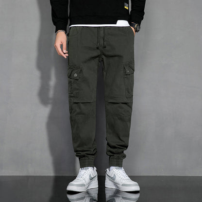 Spring And Autumn Japanese Retro Tooling Casual Trousers With Elastic Waistband