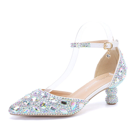 Low-top Summer New Blue Color Pointed Gourd Heel Rhinestone Multi-color Fashion Wedding Banquet Women's Shoes Glamour Gale