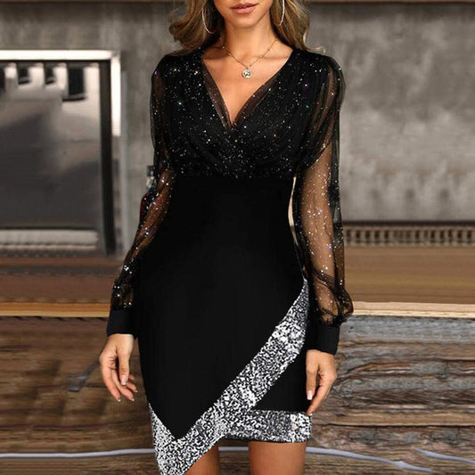 Mesh Stitching Dress Women's Long Sleeve Stitching Skirt Glamour Gale