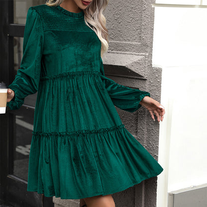 Dark Green Velvet Midi Skirt Ruffled Smocking Women's Skirt