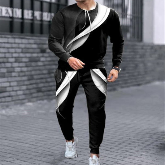 New Men's Round Neck Long Sleeve Sports Loose Two Piece Set