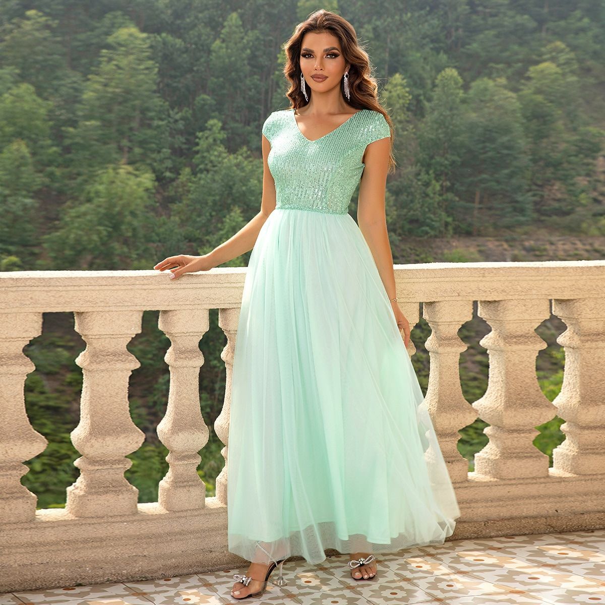 Women's Contrast Color Sequined Mesh Cloth Cover Formal Dress