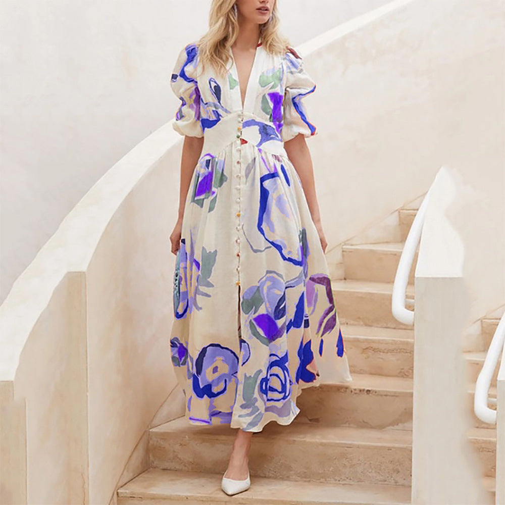 Print Dresses For Women Summer V-neck Button Short Sleeve Dress Glamour Gale