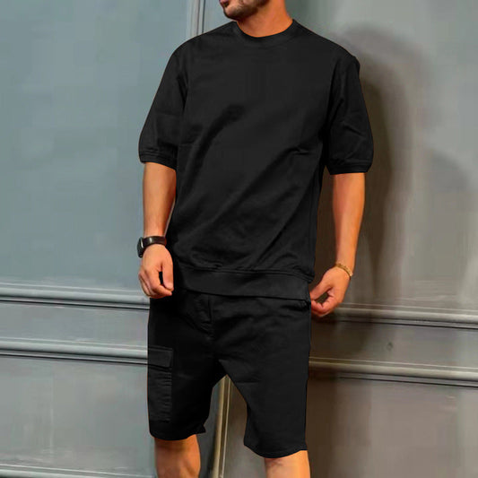 Men's Sports Suits Summer Round Neck Short-sleeved Top And Multi-pocket Shorts Casual Trendy 2pcs Set Clothing Glamour Gale
