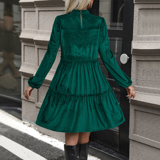Dark Green Velvet Midi Skirt Ruffled Smocking Women's Skirt