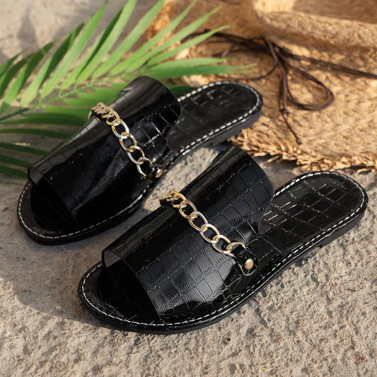 Pattern Chains Sandals Summer Fish Mouth Flat Slides Shoes Women Casual Vacation Beach Slippers Glamour Gale