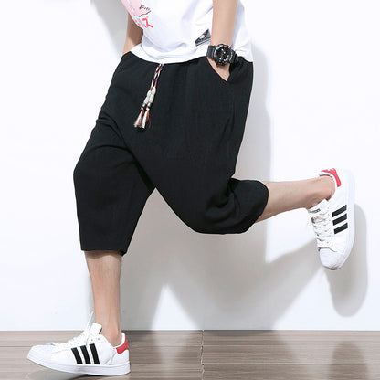 Cropped Linen Casual Solid Color Cotton Linen Harem Pants Loose Men's Pants