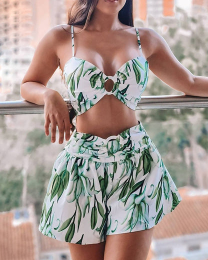Women's Green Printing Skirt Suit