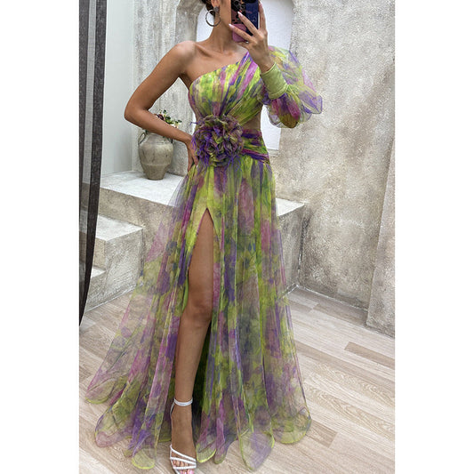 Mesh Tie-dye Printed Off-shoulder Slit Dress Summer INS Fashion Long Dress Party Womens Clothing Glamour Gale