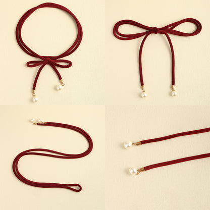 Simple Lady Velvet Bow Thin Waist With Pearl Pendant Multi-color Cute Sweet Waist Belt Chain